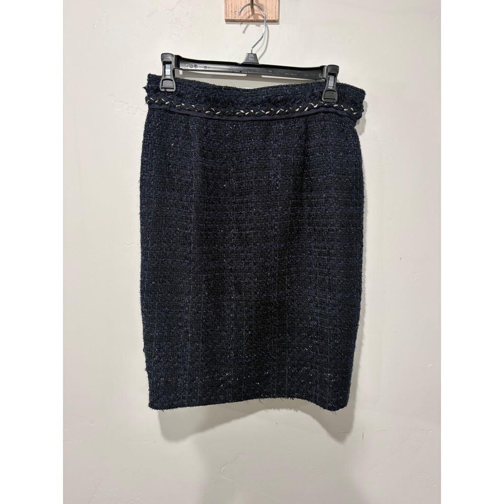 Carolina Herrera Navy Blue Boucle Tweed Pencil Skirt Braided Waist Detail Sz 6